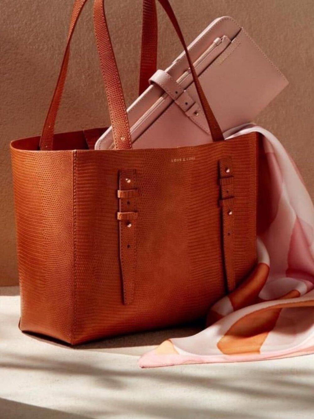 Love & Lore Lizard-Embossed Tan Tote Bag